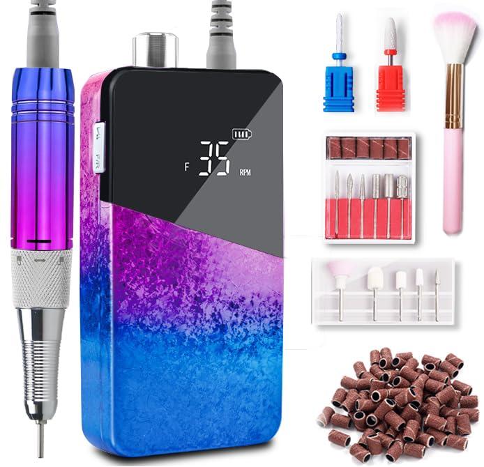 Professional Nail Drill, Lumcrissy 35000RPM Professional Nail File Machine, Rechargeable Efile for Acrylic Gel Nails with Ceramic Drill Bits Set& Sanding Bands for Manicure Salon Home Use (Rainbow)