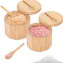 2Pcs Salt Cellar with Lid and Spoon, Salt Holder with Lid, Spice Box with Magnetic Swivel Lids, Bamboo Storage Containers for Countertop to Storage Pepper Spice Sugar Herbs, 6 oz