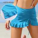 SHEKINI Women's High Waisted Swim Skirt Drawstring Ruched Bathing Suit Bottoms with Built-in Brief (Blue, XL)