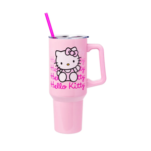 Silver Buffalo Sanrio Hello Kitty Waving Double Walled Stainless Steel Tumbler with Handle and Straw, Fits in Standard Cup Holder, 40 Ounces