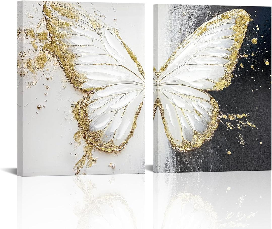 xiysien Hand-Painted Textured Butterfly Wall Art 3D Oil Painting Gold Foils Butterfly Canvas Artwork for Home Decor 12''x16''x2PCS