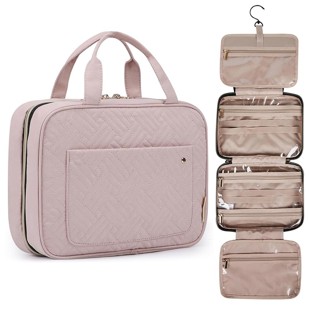 BAGSMART Large Toiletry Bag Travel Bag with Hanging Hook, Water-resistant Makeup Cosmetic Bag Travel Organizer for Accessories, Shampoo, Full Sized Container, Toiletries (Baby Pink)