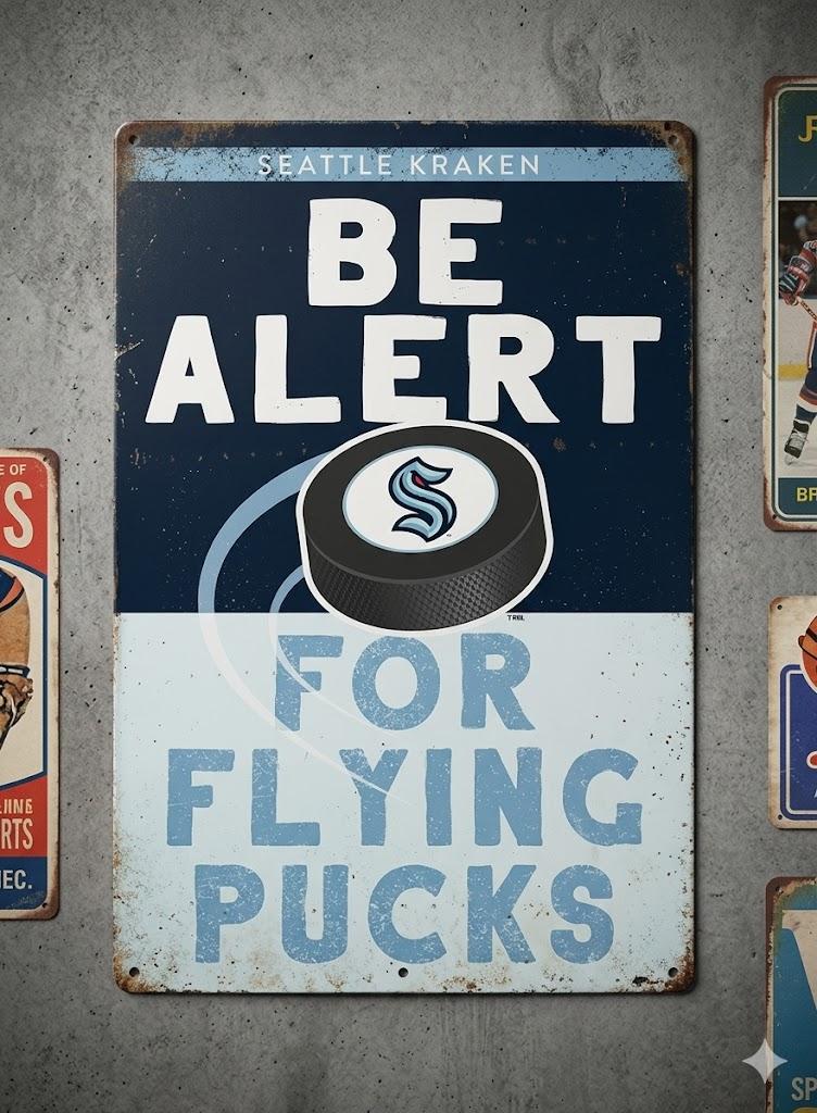 Seattle kraken be alert for pucks metal sign