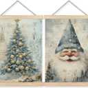 BearCake Vintage Light Blue Christmas Wall Art Poster Hanger Frame, Christmas Home Decor, Blue Fairytale Winter Xmas Tree Gnome Wall Decor for Home Bedroom Living Room, 12x16 Inch Set of 2 (Gua Hua christmas-blue santa)