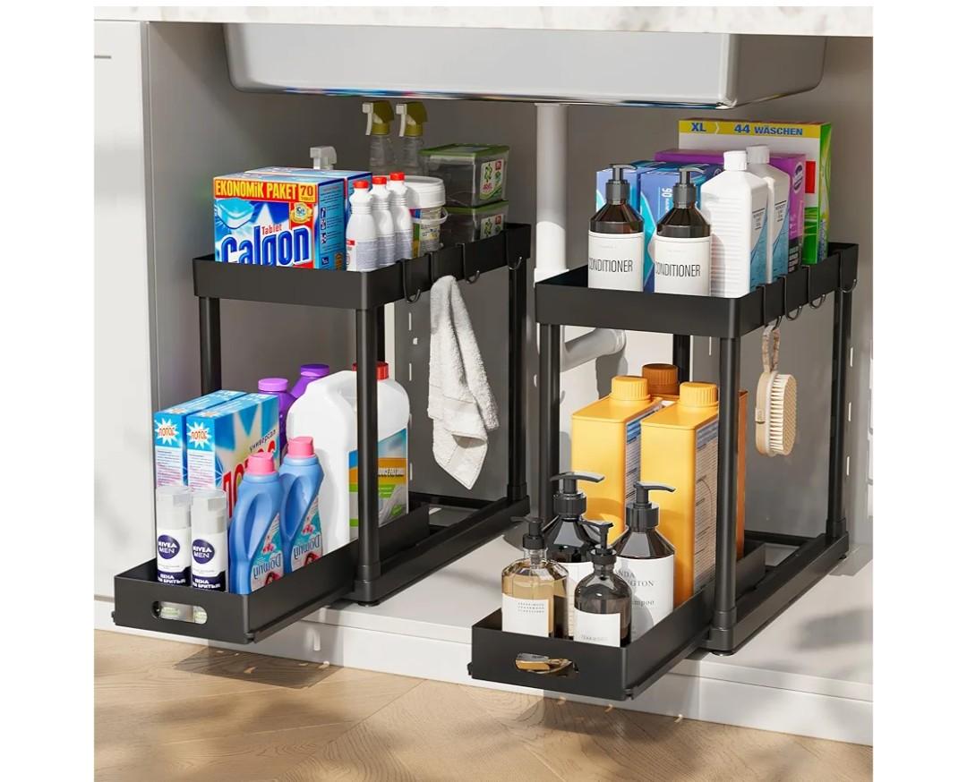 2 Pack Pull-Out Storage Organizers, Under Sink Organizer and Storage for Bathroom & Kitchen,Multi-Purpose Under Cabinet Organizers and storage Black