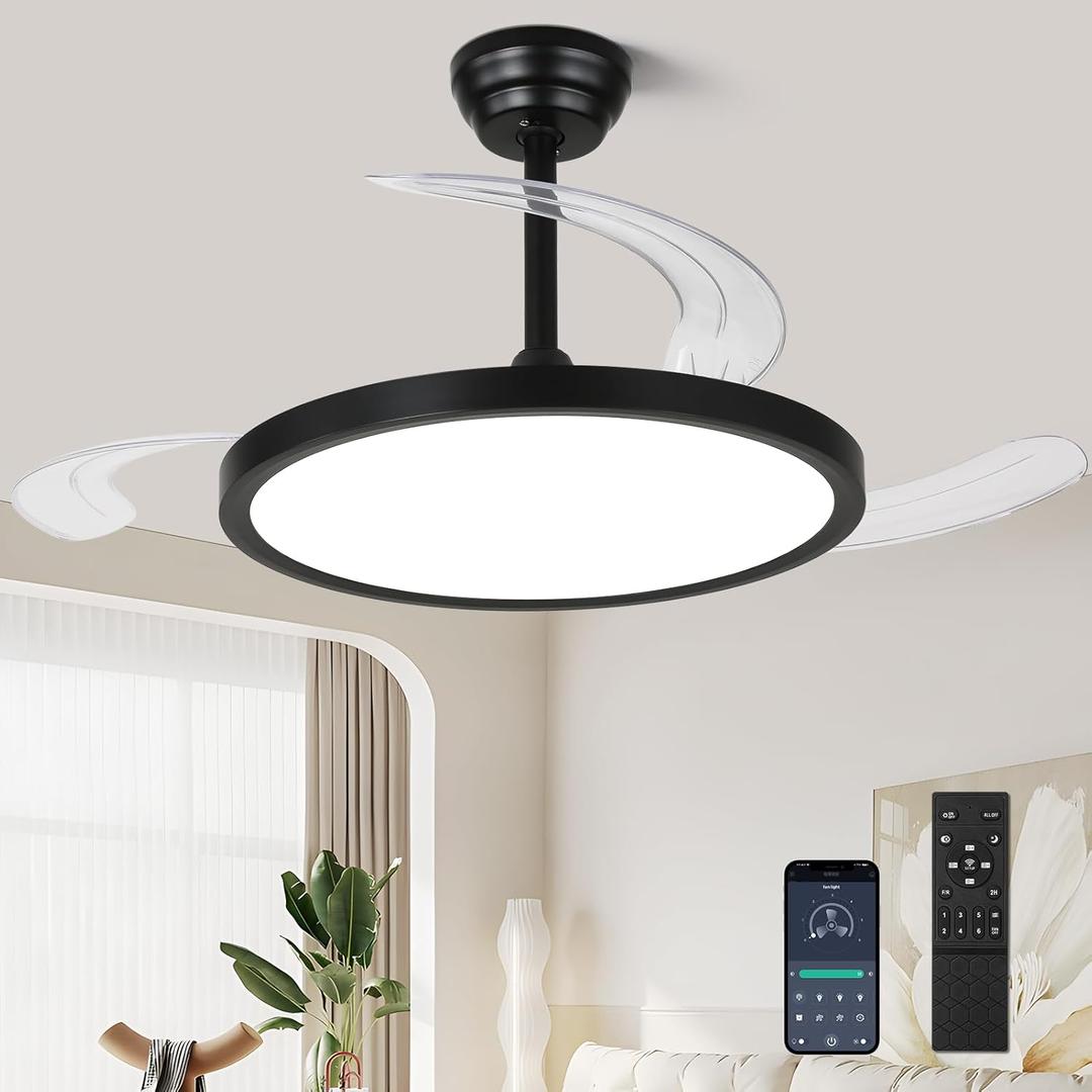 42 inch Retractable Ceiling Fan with Lights,6 Speed Dimmable Silent Fan,Modern Ceiling Fan with Light Remote Control for Bedroom Living Room Kitchen (Black)