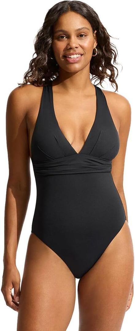 Seafolly Women's Deep V Wide Strap One Piece Swimsuit (12  Eco Collective Black)