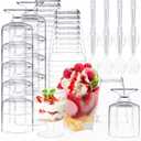 Whaline 100Pcs 5oz Dessert Cup Set with Spoons 50 pcs Clear Plastic Parfait Cup Mini Square Dessert Goblet Appetizer Cups 50 pcs Plastic Spoons for Fruit Ice Cream Cake Party Events Supplies