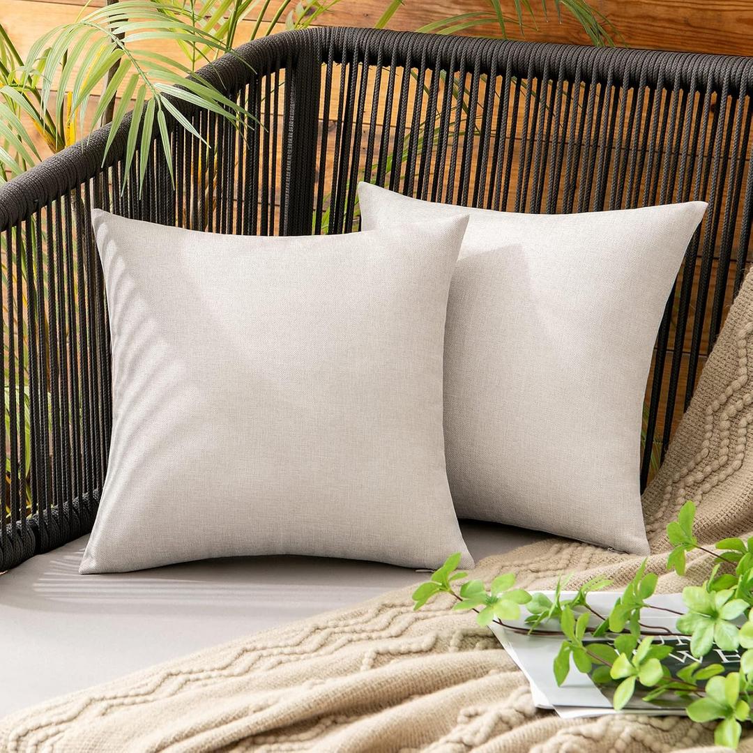 MIULEE Pack of 2 Decorative Outdoor Solid Waterproof Throw Pillow Covers Faux Linen Garden Farmhouse Cushion Cases for Patio Tent Balcony Couch Sofa 12x12 Inch Beige