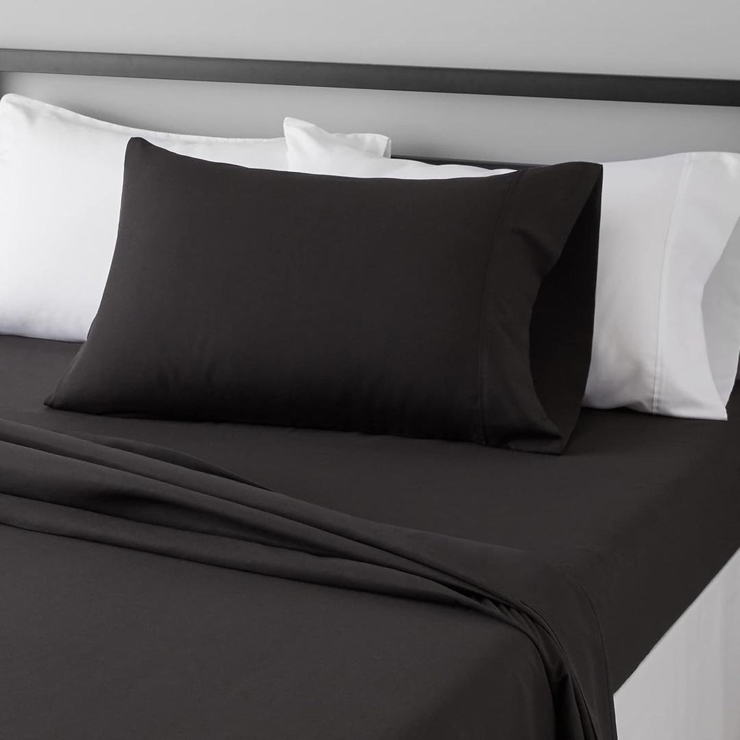 Amazon Basics Lightweight Super Soft Easy Care Microfiber 3 Piece Bedsheet Set with 14-Inch Deep Pockets, Twin XL, Black, Solid