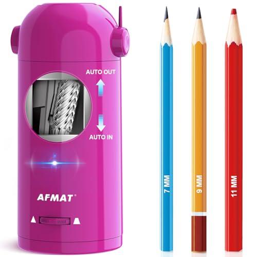 AFMAT Electric Pencil Sharpener, Fully Automatic Pencil Sharpener for Classroom, 7-11.5mm Colored/Jumbo Pencils, Auto in & Out, Rechargeable Hands-Free Sharpener for Home Office PSX5, Pink