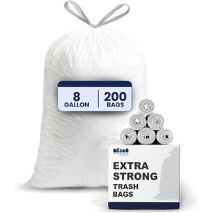 Plasticplace 8 Gallon Trash Bags -White Drawstring Garbage Can Liners - 200 Count - Leak-Resistant and Tear-Proof for Kitchen, Bathroom, Office, and Small Trash Cans 0.7 Mil