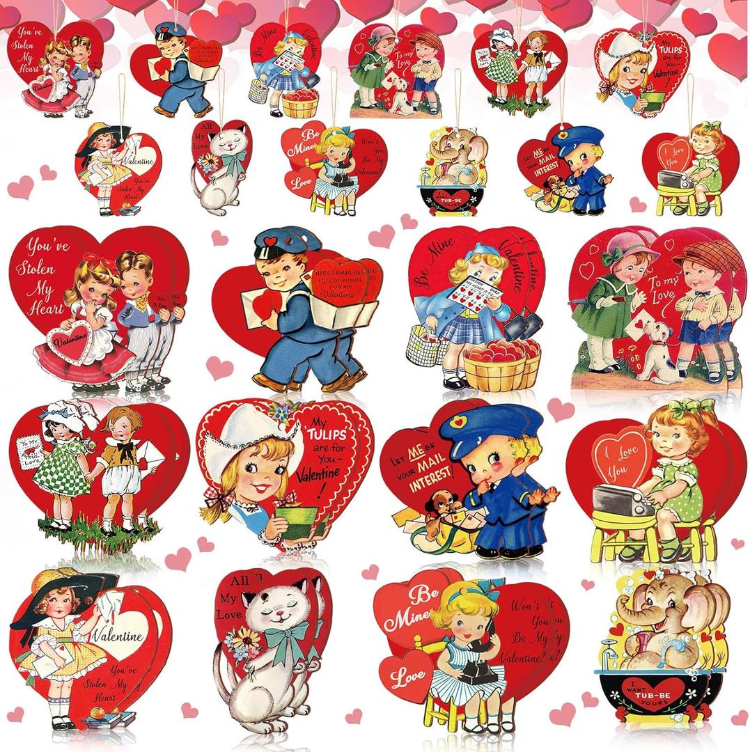 BBTO 36 Pcs Valentines Day Wood Ornaments Retro Valentines Tree Decoration Red Heart Shape Wood Cutouts Decorative Vintage Valentines Day Decoration for Small Tree Home Wedding Party Supplies