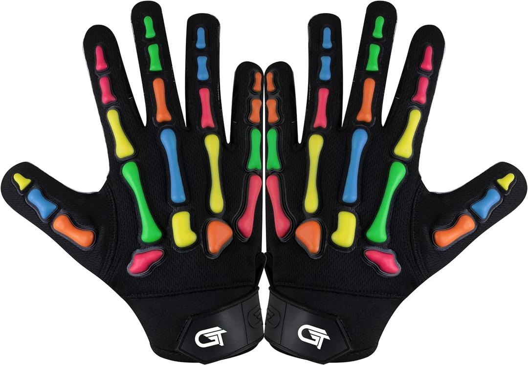 Glorious Traders Youth Football Gloves American Wide Receiver Injected Bones Football Gloves for Adult Men Women & Boys with Super Sticky Silicone Grip Palms (Black Multi, Youth Large)
