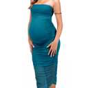 Dedysler Mesh Maternity Dress Long Semi Formal Wedding Guest Dress Ruched Sexy Strapless Tube Bodycon Baby Shower Dresses Pregnancy Clothes Summer Casual (Blue Green L) (L)