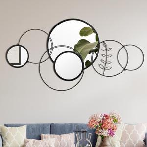 Hicarer Wall Mirror Decorative 41.34'' x 17.72'' Round Modern Metal Wall Mirrors Set for Living Room Circle Plates Overlapping Decorations for Hallway Entryway(Black)