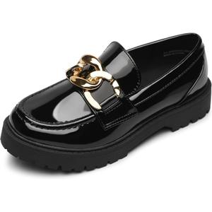 Girl's Platform Loafers Slip On Chain Chunky Shoes Round Toe School Uniform Dress Flats (1 Big Kid, Black)