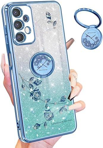 Coralogo (3in1 for Samsung Galaxy A23 5G Phone Case Glitter Sparkly for Women Girls Sparkle Girly Bling Shiny Cover Cute Flowers Floral Design with Ring Pretty Blue Cases for Galaxy A23 5G/4G 6.6''
