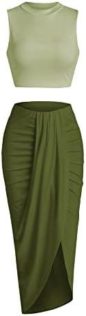 ZAFUL Women's Casual Sleeveless Summer Two Piece Outfits Crop Top and Side Split Draped Ruched Maxi Skirt Set Solid Suiting Size XL
