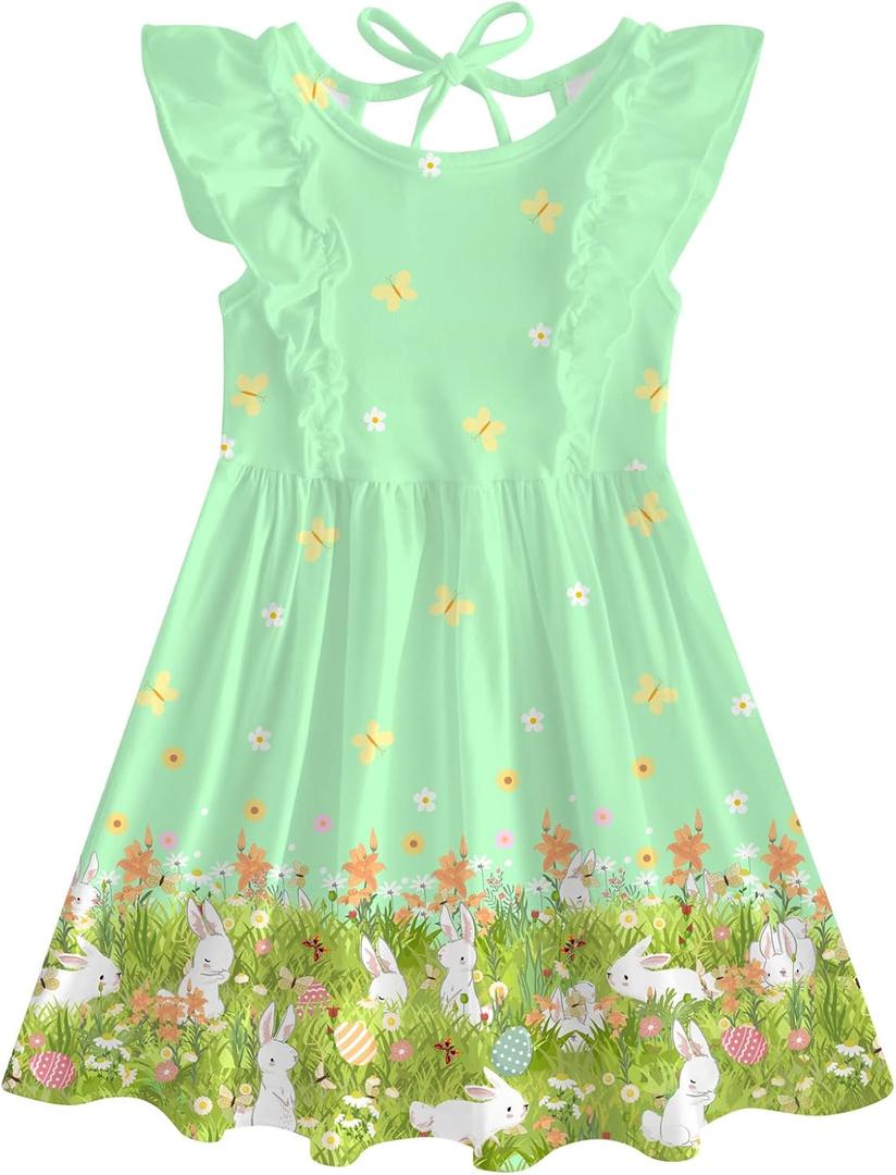 Toddler Kids Girls Easter Bunny Dress 5T 6T Rabbit Egg Hunt Dresses Girl Green Summer Sundress Ruffle Sleeveless Backless Sundresses Holiday Printed Frocks Playwear Size 5 6