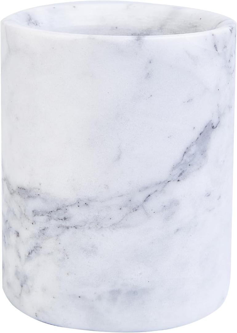 Natural Marble Utensil Holder for Kitchen Counter Decor, Flatware & Utensil Storage Organizer - Kitchen Utensil Organizer for Countertops, Office & Center Table, White Gray