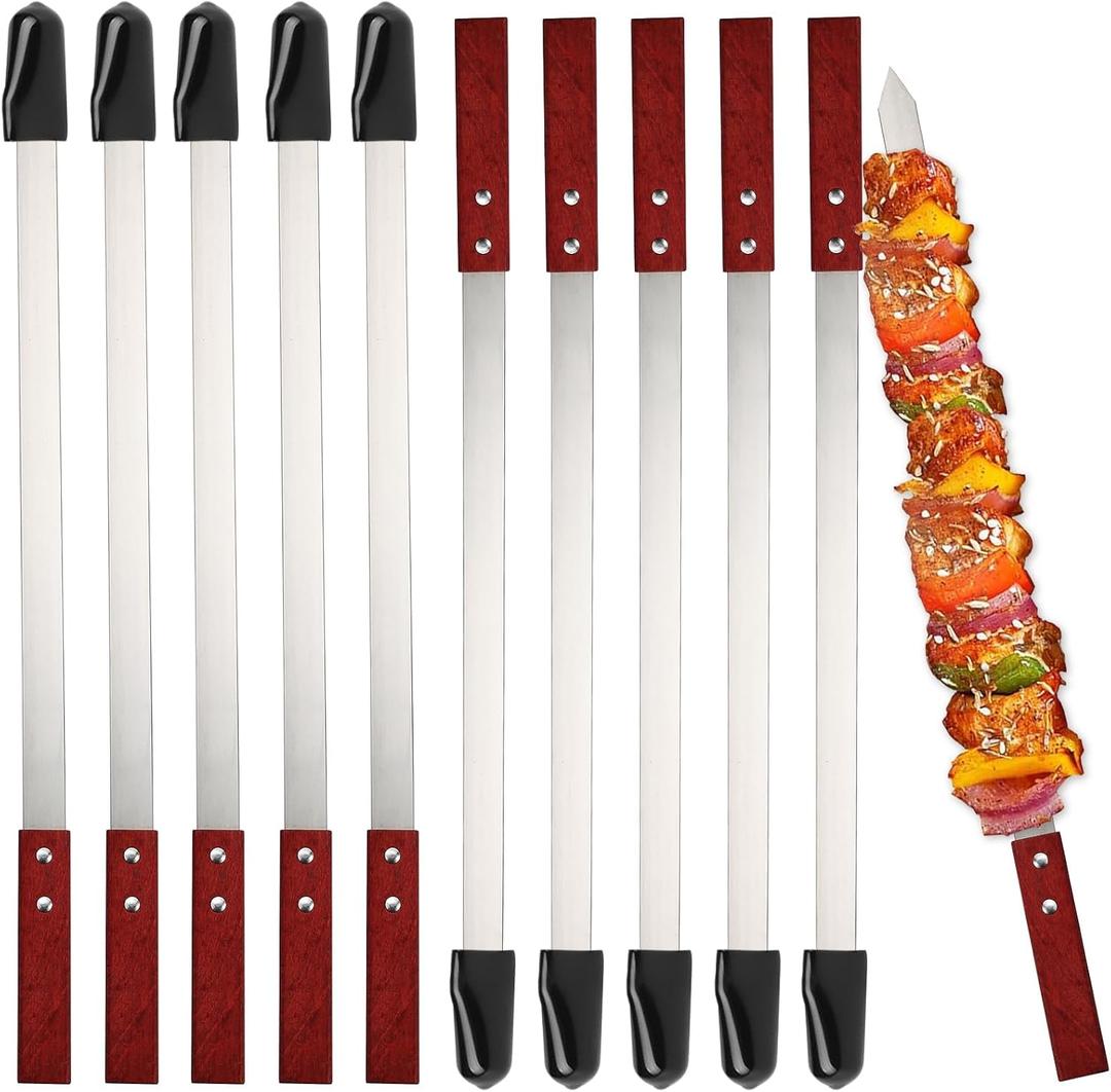 Idong 10 PCS Kabob Skewers 23.6" Flat Stainless Steel BBQ Skewers for Grilling Meat with Wood Handle and Tip Guards, Heavy Duty Reusable for Koobideh Persian Brazilian Shish Kebab Idong 10 PCS Kabob Skewers 23.6" Flat Stainless Steel BBQ Skewers for Grilling Meat with Wood Handle and Tip Guards, Heavy Duty Reusable for Koobideh Persian Brazilian Shish Kebab