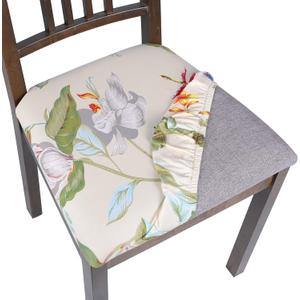 SearchI Seat Covers for Dining Room Chairs Stretch Printed Chair Seat Covers Set of 4, Removable Washable Upholstered Chair Seat Protector Cushion Slipcovers for Kitchen, Office(Beige+Flowers)