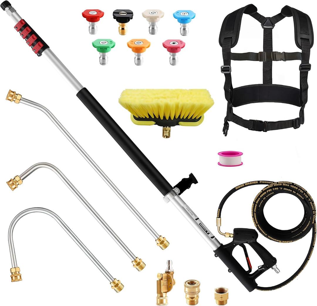 Telescoping Pressure Washer Wand 24 ft Power Washer Extension Wand Aluminum Pressure Washer Extension Wand 24 Feet with Brush Head, Gutter Cleaner, 7 Spray Nozzle Tips, 2 Hose Adapters, Support Belt
