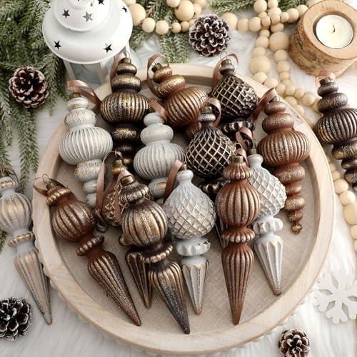 Yunlly 18 Pcs Neutral Christmas Ornaments Textured Christmas Tree Decor with Hanging Loop Modern Brown Hanging Ornaments Finial Shatterproof Decor for Xmas Tree Vintage Rustic Ivory Farmhouse