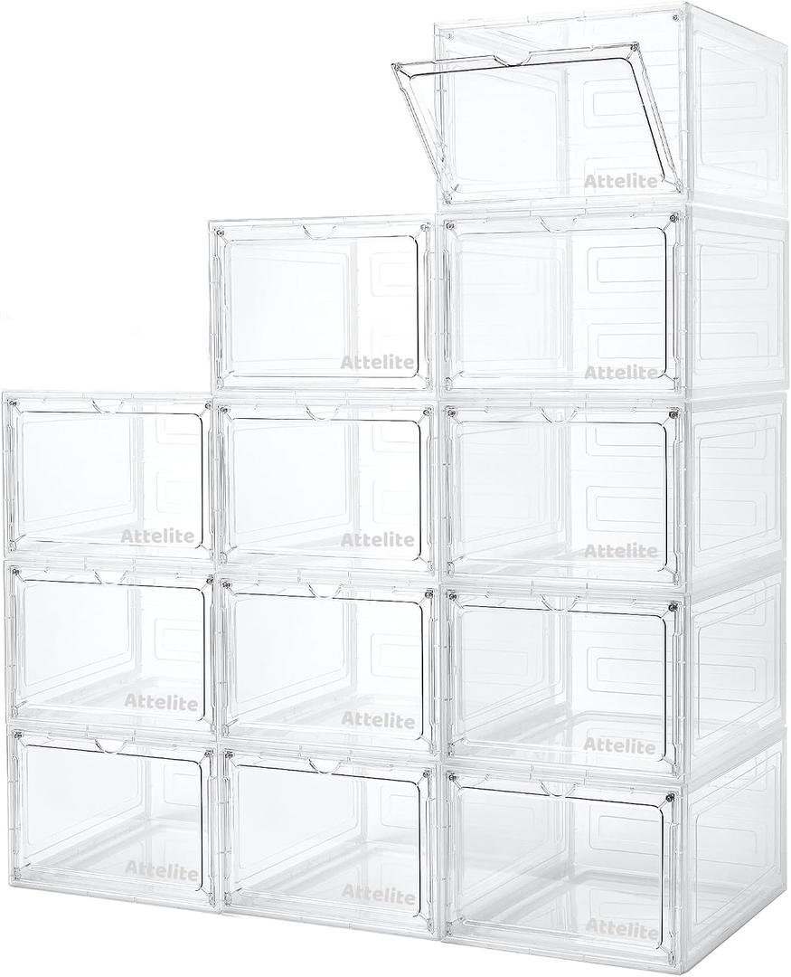 Attelite Upgrade 12pack Shoe Box Storage Containers,Thicken Sturdy Clear Stackable Plastic Shoe Organizer Box with Magnetic Door, X-Large Drop Front Shoe Box