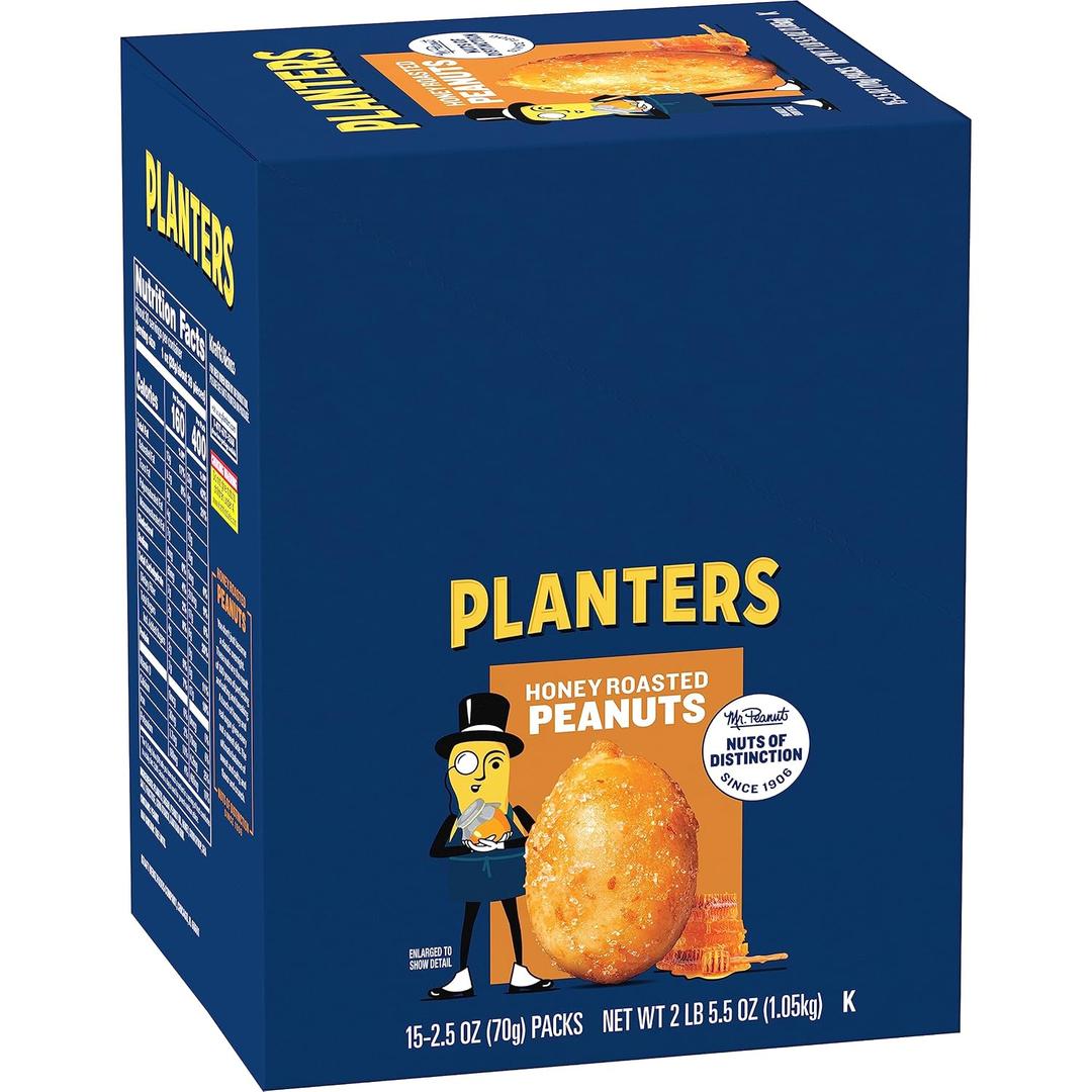 PLANTERS Honey Roasted Peanuts, 2.5 Ounce - 15 Count (Pack of 1) - Roasted with Honey and Sea Salt - Active Lifestyle, Movie and School Snacks - Kosher Peanuts, BBD 05/10/2026