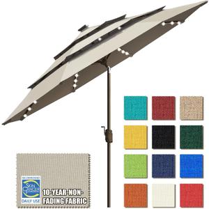 EliteShade USA 10-Year-Non-Fading 9ft 3-Tier Market Patio Umbrella, Commercial Table Umbrella with 80 Solar LED Lights, Crank Open, Windproof & UPF 50+ UV Protection for Garden, Deck, Pool, Backyard, Antique Beige