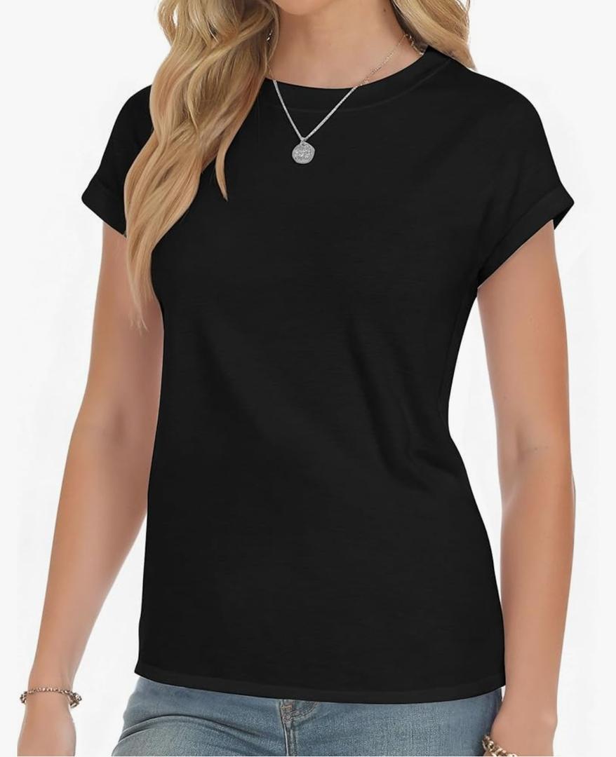 YOGINGO Short Sleeve Shirts for Women Crew Neck Tee - Fashion Summer Spring Cap Sleeve Tops for Women L 2Pack