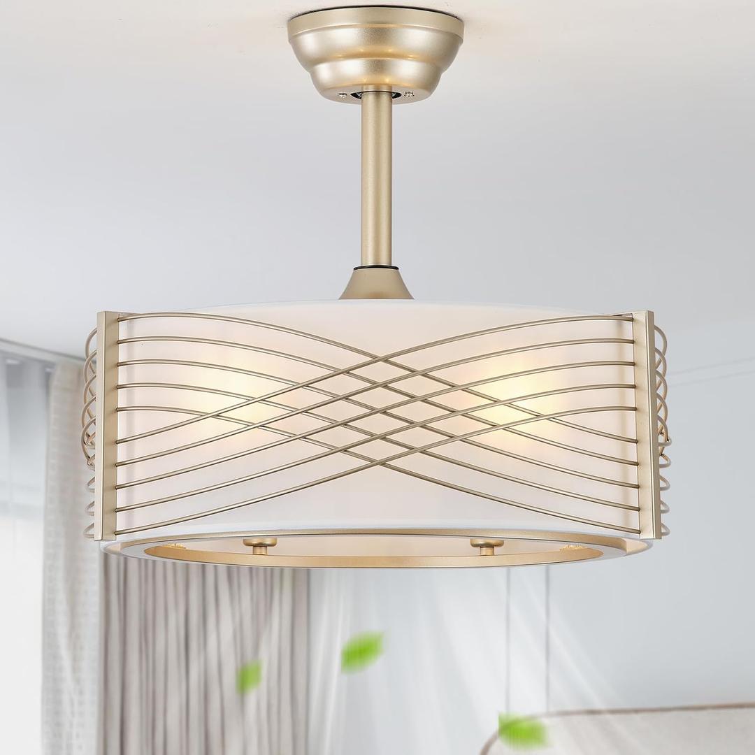 20" Gold Fandelier Ceiling Fan with Light, Caged Ceiling Fan with Light Remote Control, Mid Century Modern with 6 Speeds for Bedroom, Nursery, Living Room, Small