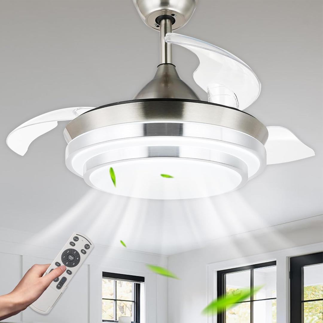 Bella Depot Retractable Ceiling Fan with Lights and Remote with APP Control, 3 Color Change, Timing Options, Silent Noiseless for Dining Room Bedroom Kitchen (Nickel Brushed, 42")