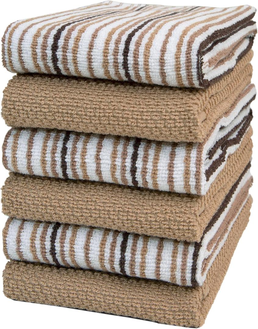Kitchen Towels 16x 26 - 6 Pack | Large Cotton Dish Towels | Popcorn Stripe Design | 430 GSM Highly Absorbent with Hanging Loop | Tan