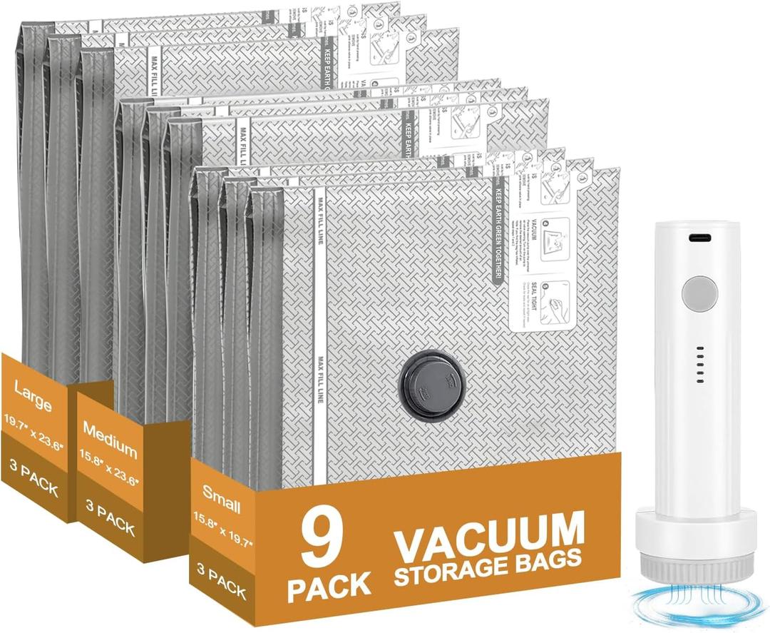 Vacuum Seal Bags for Clothing Travel, with Electric Pump 9-Pack | Save 80% luggage space. Tear-resistant PA+PE. Smart travel essentials replacing compression packing cubes, 23.6"L x 15.8"W x 0.2"H