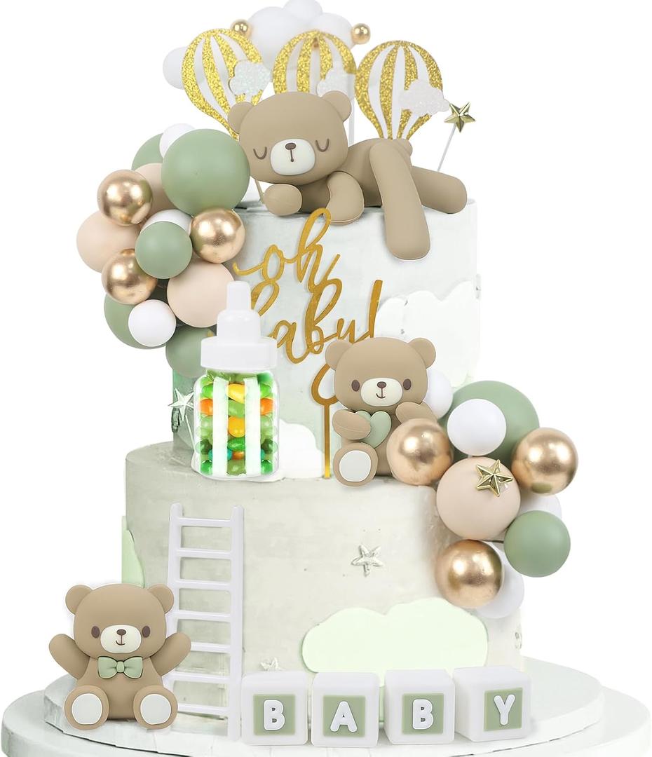 44 PCS Green Bear Cake Toppers - Mini 3D Bear BABY Letters Milk Bottle Green Gold Foam Balls Cake Toppers for Boy Girl Birthday Party Baby Shower Cake Decorations