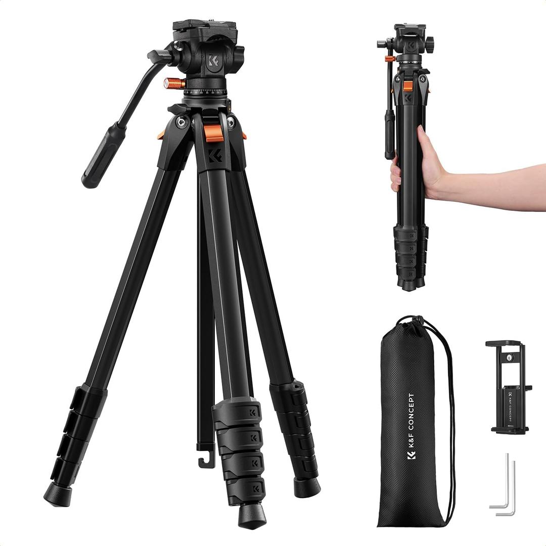 K&F CONCEPT 73 Camera Tripod with Fluid Head, Aluminum Travel Tripod for Video, Smooth Pan/Tilt for DSLR Mirrorless Camcorder, Max Load 6.6lb, for Live Streaming Vlog & Spotting Scope