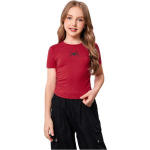 Girl's 2 Packs Graphic Tees Short Sleeve Crew Neck Crop Tops Slim Fit Summer Cute Tees (Red Black)