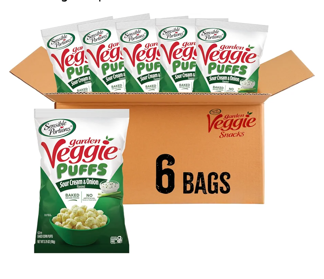 Sensible Portions Veggie Puffs, Sour Cream & Onion Flavor, Gluten-Free Chips, 3.75 Ounce Bag, 6-Pack ,BB:01242026