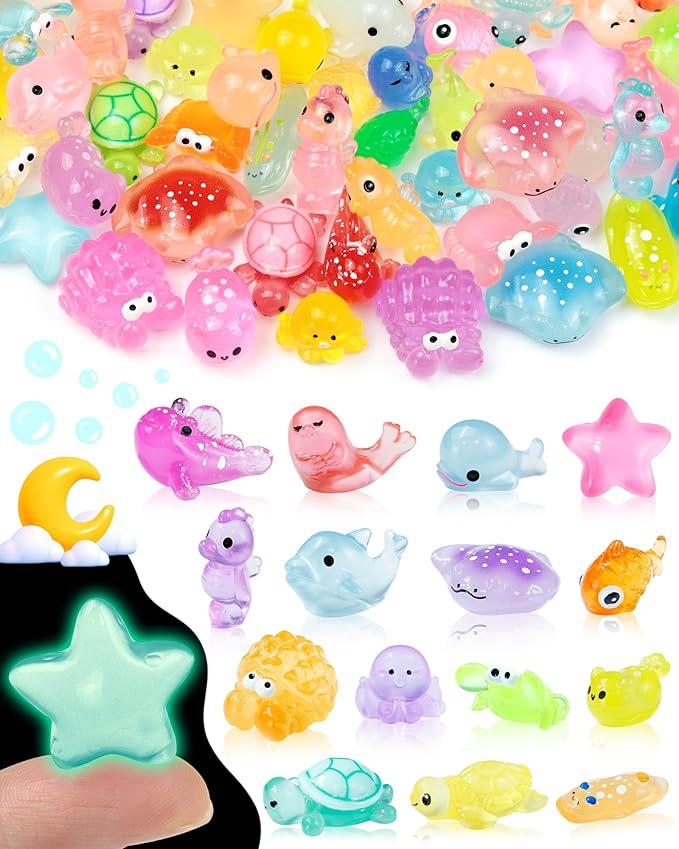 FIVEIZERO 102PCS Luminous Mini Resin Aquatic Animals Bulk - 15 Styles Glow in The Dark Plastic Tiny Sea Creatures for Dollhouse, Fairy Garden, Aquarium, Party Favors & DIY Craft Decor