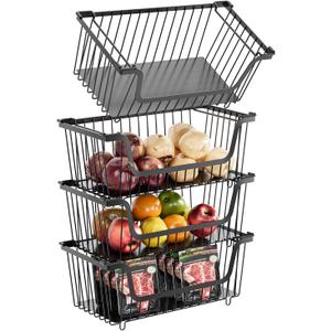 4 Pcs Stackable Wire Baskets for Pantry Organizers and Storage,Vegetable Fruit Basket for Countertop,Kitchen Storage Metal Baskets,Produce Potato Onion Storage Bin,Black