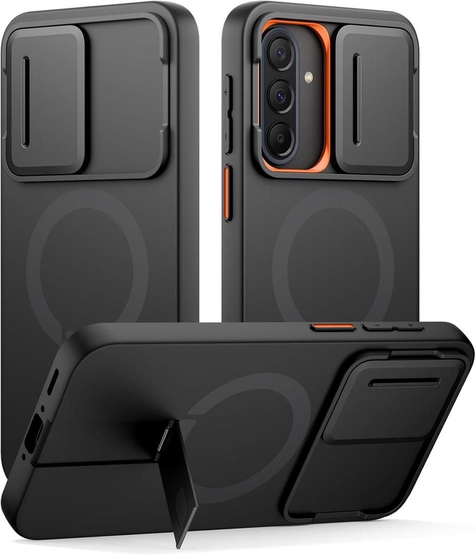 SURITCH for Samsung Galaxy A37/A36 5G Case, Compatible with MagSafe, Shockproof Bumper Cover Slim Magnetic Protective Cases with Camera Cover & Adjustable Metal Kickstand for Galaxy A37/A36 5G, Black