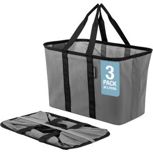 CleverMade EcoBasket 30 Liter Reusable Tote Bag with Reinforced Bottom: Collapsible Grocery Shopping Basket (Gray/Black)