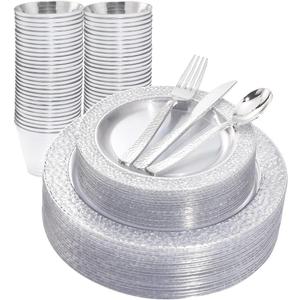Ciaell 150PCS Clear Silver Plastic Plates - Silver Disposable Plates include 25Dinner Plate, 25Dessert Plate, 25Forks, 25Knives, 25Spoons, 25Cups for Weddings & Parties