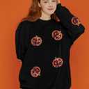 VILOVE Halloween Pumpkin Sequin Sweatshirt Women: Pumpkin Face Long Sleeve Tops Fall Hoodie Party Pullover (Pink, XL)