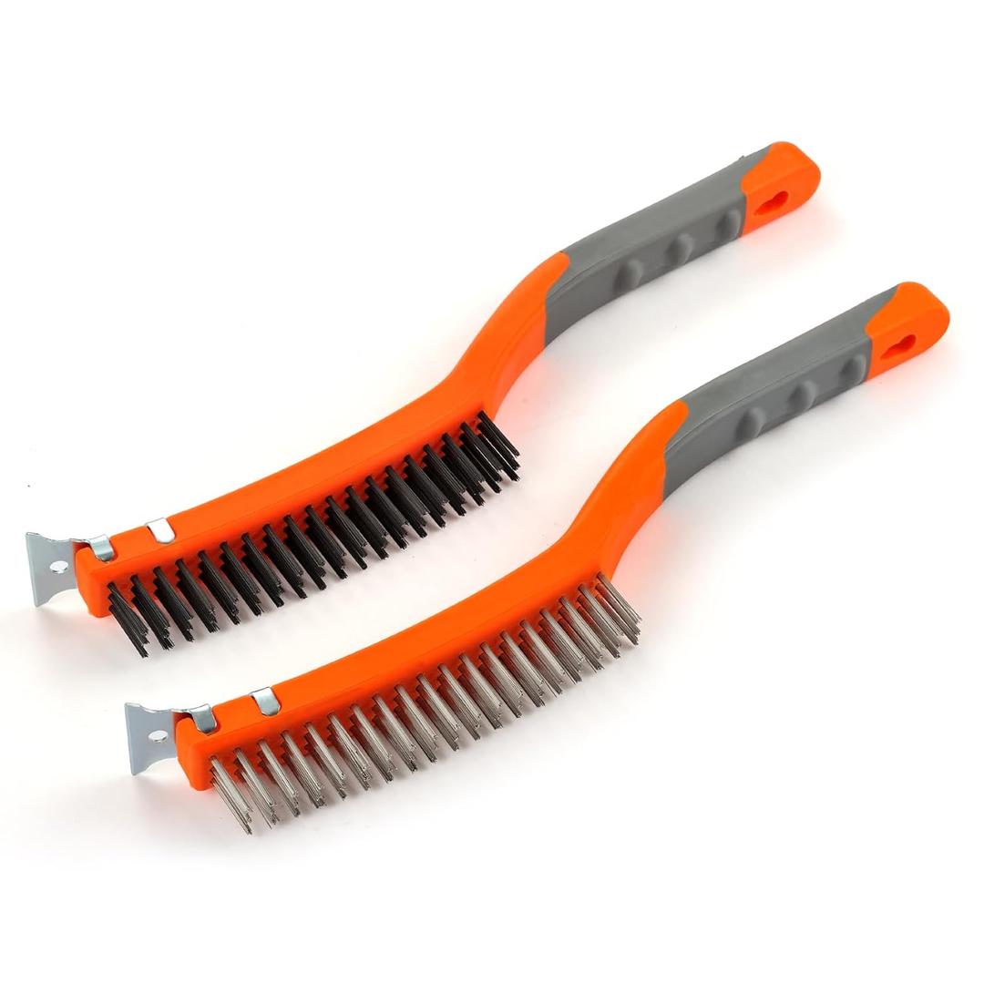 MAXMAN Wire Brushes 2 Pcs, 14 Inch Stainless and Carbon Steel Wire Scratch Brush, Wire Brush Set with Metal Scraper, Heavy Duty Wire Brush for Cleaning Rust, Automotive, Paint, Welding