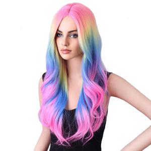 BERON Rainbow Wig Long Wave Wig Colorful Long Wigs Multi Color Synthetic Wigs for Women Daily Party Hairnet Include