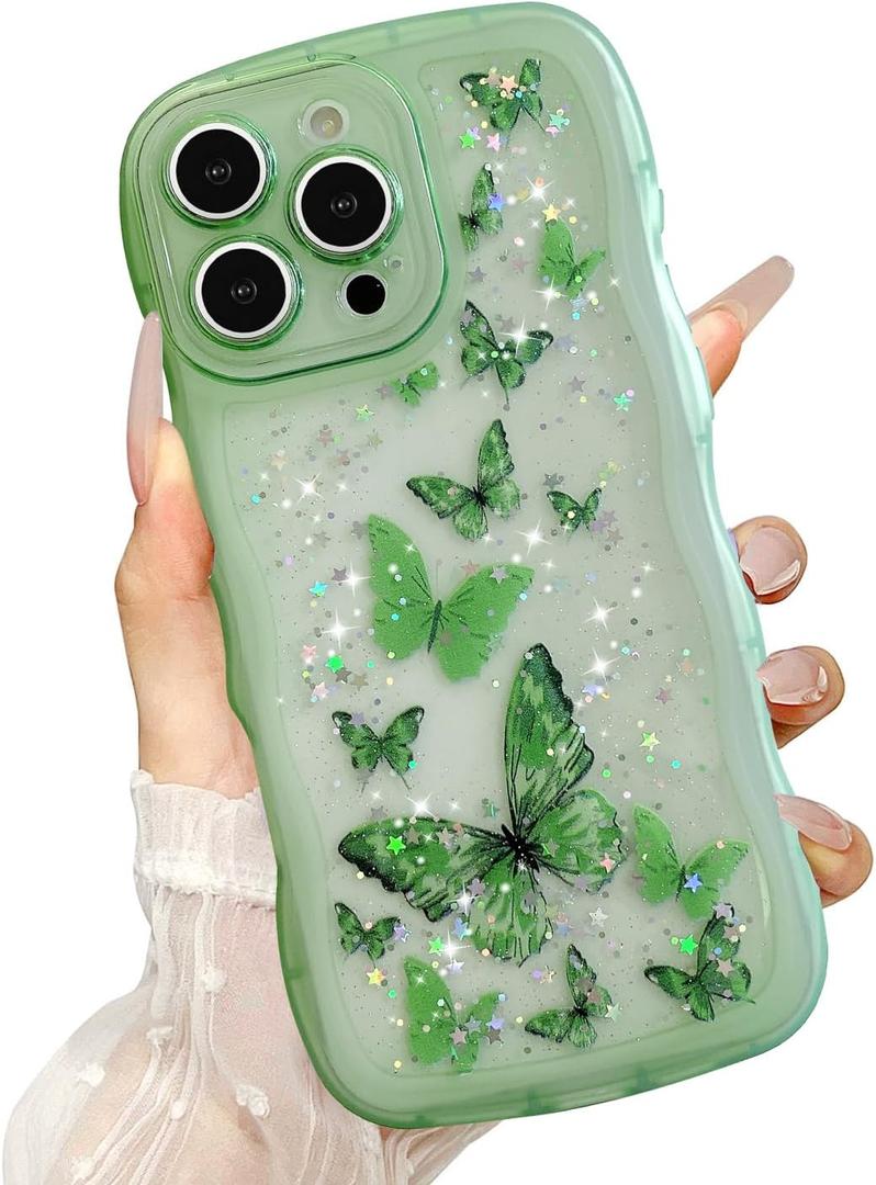 UEEBAI Wave Butterfly Case for iPhone 15 Pro Max Case, Pretty Bling Star Butterfly for Women Cute Shiny Glitter Phone Cover for Girls Bling Clear Cover Curly Shockproof Girly Shell - Green